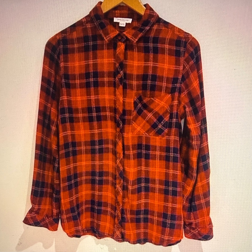 Beach Lunch Lounge Women Top Long Sleeve Shirt Red Black Plaid Shiny Size XL